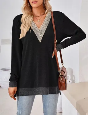 Image de ASKSA Chemise Femme Manches Longues Col V Dentelle Elégante Tunique Libre Tops, Noir, M