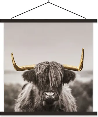 Produktbild von MuchoWow® Textilposter Schottisches Hochlandrind - Gold - Hoorn 40x40 cm mit schwarzem Rahmen - Fotos