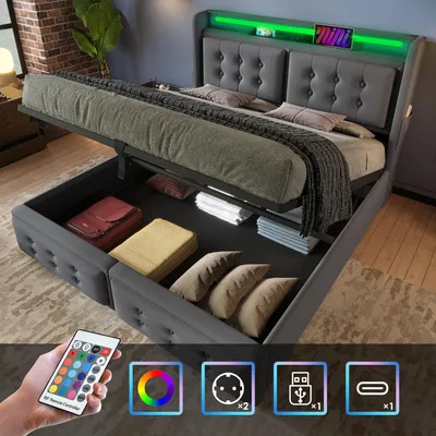Produktbild von Polsterbett 180x200cm, Doppelbett mit Led-Kopfteil und USB C,Hydraulisches Bett mit Lattenrost aus Holz und Metallrahmen,Grau,Baumwolle(Ohne Matratze)