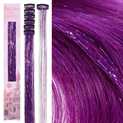 Obrázek produktu pro Sada 6 fialových třpytivých copánků "Haar Lametta" s klipsy, celková délka 60 cm, ideální pro dívky