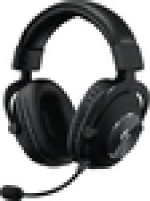 A black gaming headset with a microphone is shown against a white background.