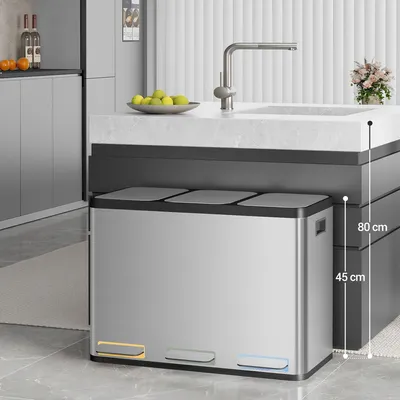 Image de Poubelle de 45 litres avec trois compartiments et pédale - Acier inoxydable et système de tri des déchets