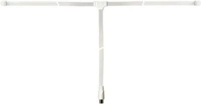 A white T-shaped antenna with a coaxial connector at the bottom, isolated on a white background.