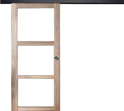 Image de Porte Coulissante bois Frake Vitrage transparent H204 x L73 + rail bandeau noir et coquilles
