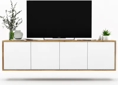 Obrázek produktu pro Závěsná TV skříňka Televizní stolek RTV skříňka 150 cm Apollo 2 - Čtyřdveřový - Moderní -Indriustral Style - Barva: Wotan Dub Bílý matný