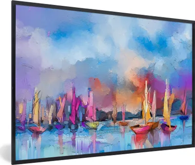 Produktbild von MuchoWow® Gerahmtes Poster Malerei - Boote - Wasser 30x20 cm - Poster mit Schwarzem Bilderrahmen Wandposter Rahmen Foto Bilder - Kunstdruck - Bild-Poster