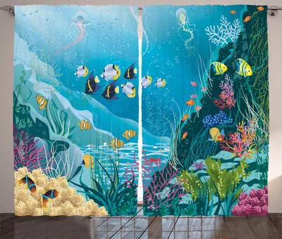 Zdjęcie produktu dla ABAKUHAUS Rustykalna zasłona z motywem ryb, podwodny krajobraz, salon Uniwersalne zasłony z pętelkami i haczykami, 280 x 225 cm, wielokolorowe