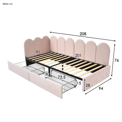 A pink upholstered bed frame with a scalloped headboard and two pull-out drawers underneath, shown with dimensions indicated by measurement lines and numbers.