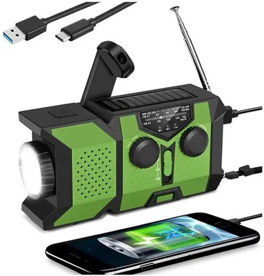 Zdjęcie produktu dla Radio alarmowe Kamperer – przenośne radio AM/FM i krótkofalowe z akumulatorem 2000 mAh, zasilaniem słonecznym i ręczną korbką, latarką LED, powerbankiem USB i alarmem SOS – idealne na kemping, podczas burzy lub awarii prądu – kolor zielony