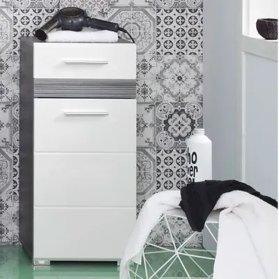 Produktbild von Unterschrank Badezimmer ODRA-19 in Weiß Hochglanz mit Sardegna Rauchsilber, B/H/T: ca. 37/80/31 cm