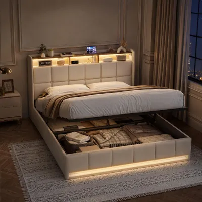 Obrázek produktu pro ProximaX čalouněná postel 140x200cm béžová lněná látka, pneumatická postel s úložným prostorem a LED osvětlením, postel s úložným prostorem a USB nabíjecí stanicí
