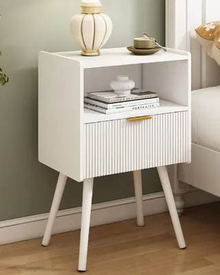 Produktbild von Nachttisch,Beistelltisch mit Schublade und offener Ablage,Holzbeine Couchtisch Nachtkonsole im Boho-Sti für Schlafzimmer, Wohnzimmer 42x30x65cm Weiß