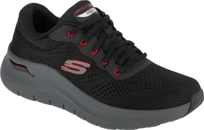 A black Skechers Arch Fit sneaker with red accents is shown against a white background.