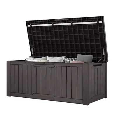 Produktbild von Gartenbox Außenspeicherbox, 450 L Aufbewahrungsbox mit Gasdruckfeder Deckel, Kissenbox Sitzbank Wetterfest, Dunkelbraun