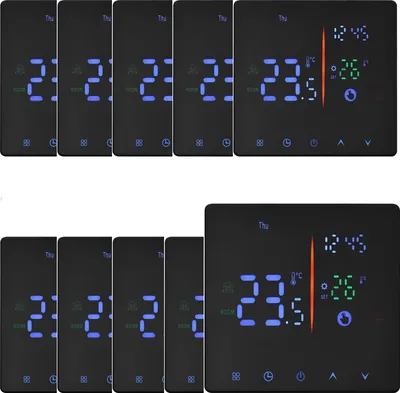 A collection of digital thermostats displayed on a white background.