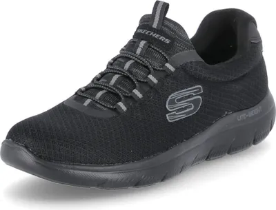 A black Skechers shoe is shown against a white background.
