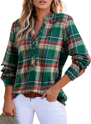 Produktbild von ASKSA Damen Bluse Kariertes V-Ausschnitt Longbluse Casual Knoepfen Langarm Flanellhemd Karohemd Oberteile (Dunkelgruen,XXL)