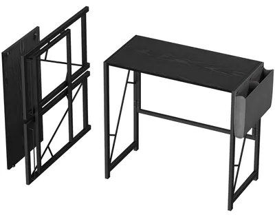 Immagine prodotto di Scrivania pieghevole da 80 cm - Scrivania compatta per piccoli spazi - Con tasca portaoggetti - Gancio per cuffie - Struttura in metallo - Colore nero