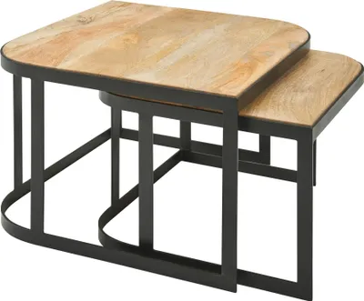 Couchtisch Set 2-teilig Mango Massivholz mit schwarzen Metallbeinen, verschachtelter Beistelltisch in Gesamtansicht.