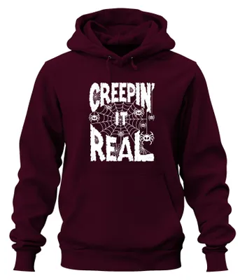 Productafbeelding van Creepin It Real Halloween Spinnenweb, griezelige en grappige uni hoodie, bordeauxrood, maat L