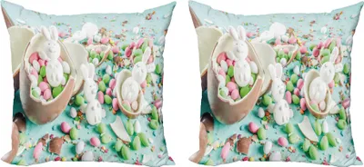 Immagine prodotto di ABAKUHAUS Set di copricuscini per coniglietti di Pasqua (2 pezzi), foto di uova di cioccolato, dolci regali per le vacanze in colori pastello, tempo di primavera, 40 x 40 cm, multicolore