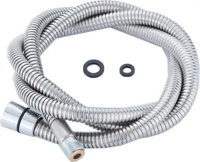 A coiled silver shower hose with two black rubber washers on a white background.