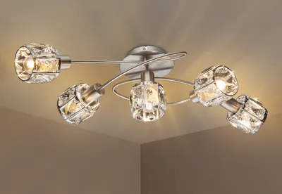 Produktbild von Ausgefallene LED Deckenleuchte 5 flammig mit Klarglas Kristallen Silber matt