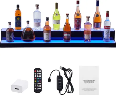 Immagine prodotto di SucceBuy Espositore per bottiglie di liquore illuminato a LED, scaffale commerciale illuminato a 2 livelli da 48 pollici per home bar, scaffale per whisky a 2 livelli, scaffali per bevande in acrilico con telecomando RF