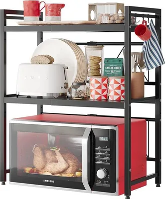 Produktbild von Unyqoos® 3‑stufiges erweiterbares Mikrowellenregal – teleskopisch 40–60 cm, höhenverstellbar 5 cm, 25 kg/Etage, 8 abnehmbare Haken, schwarz, dicker Kohlenstoffstahl, 4 Stellfüße