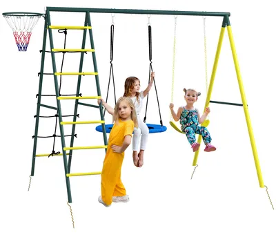 Image de Ensemble de balançoire pour enfants Outsunny : structure de balançoire avec panier de basket et échelle d'escalade