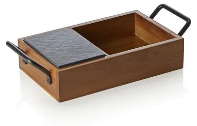 Produktbild von 4x Naturschieferplatten Set Slate & Serve, 24 x 15 x 5,5 cm, 3 Schieferplatten und Brot- und Butterkorb, Akazienholz, Schiefer