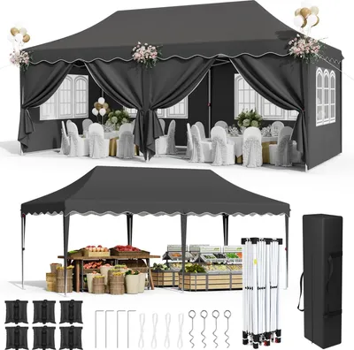 Produktbild von Gartenpavillon Partyzelt 3x6 m - Pop Up - Wasserdicht - UV 50+ - Mit allen Seitenwänden - Aluminiumrahmen - HDPE, Polyurethanbeschichtet - Schwarz