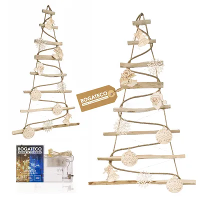 Image de BOGATECO Arbre de Noël artisanal de 95 cm de haut avec décorations, en bois de noisetier | Pendentif décoratif | avec 200 cm de lumières LED | panneaux de bois reliés par une corde de jute d'une épaisseur de 6 mm