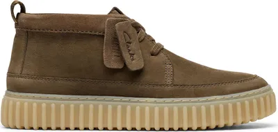 A side view of a brown Clarks Torhill LaceHi sneaker.