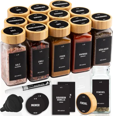 Produktbild von Sada 12 ks - Deco Haus nádoby na korenie s bambusovým skrutkovacím uzáverom - Súprava s etiketami, lievikom, čistiacou kefkou, značkovačom, 120 ml