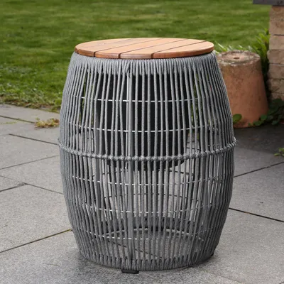 Produktbild von Garten Beistelltisch - integrierter Behälter - Kunststoffseil - H: 49cm - D: 40cm - grau
