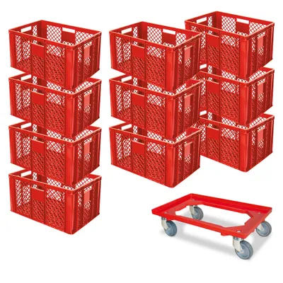 Produktbild von 10 Stapelkörbe, Euro-Format LxBxH 600 x 400 x 320 mm, Industriequalität, lebensmittelecht, rot + Transportroller