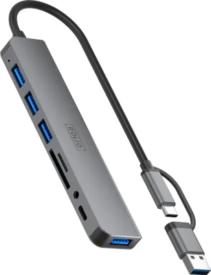 Produktbild von Rolio USB C Hub, 4x USB-A, 2x SD/TF Kartenleser, 1x USB-C, 1x 3.5mm Aux, Inklusive Konverter, Geeignet für Macbook Pro / Air / Windows / iPad Pro / iPhone / Galaxy / HP / Dell / Lenovo / Universal