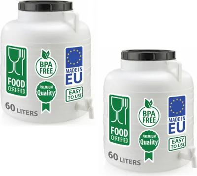 Produktbild von 2er Set Weithalsfass Sauerkrautfass Fasssilage Regen Fass Gepäcktonne Camping 60 Liter mit Zapfhahn und Deckel weiß