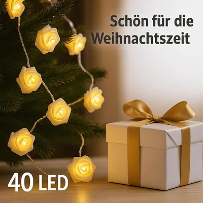 Produktbild von LED Lichterkette Rosen Weiß Tischdeko Romantisch Deko Batteriebetrieben Warmweiß