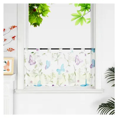 Produktbild von Bedruckte Scheibengardine Voile Kurzstores mit Blumen und Schmetterlingen, transparente Gardine in Weiß, Bistrogardine mit Schlaufen, HxB 45x90 cm