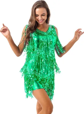 Produktbild von Damen Pailletten Gr. M Kleid Salsa Rumba Tanzbauch Tanzkleid Metallic Kleid Glänzend Tanzkleid für Party
