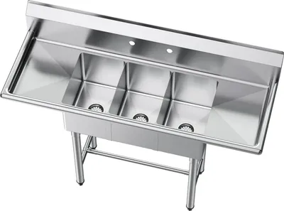 Produktbild von Spülbecken mit 3 Becken & 2 Abtropfflächen & Spritzschutz, Küchenspüle (1372 x 508 x 1097 mm)