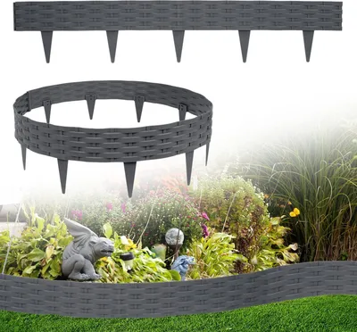 Produktbild von Sessamen-LP Rasenkante Kunstoff 20m Beeteinfassung Gartenzaun Beetumrandungen Rattan-Optik Randsteine Palisaden Garten Dekorativ Border Blumenbeet Gartenpalisade, Anthrazit
