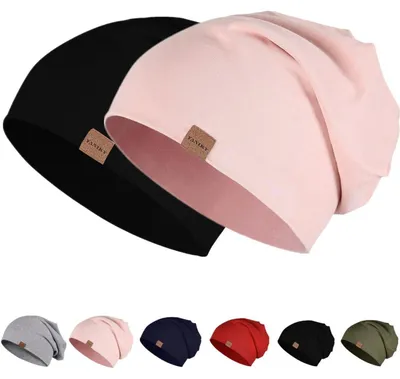 Produktbild von Mütze Herren Damen Baumwolle Dünn Leicht Chemo Winddicht Jersey Longbeanie Einheitsgröße Schwarz + Rosa
