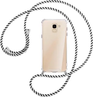 Produktbild von Handykette Backcover-Schutzhülle mit Band (Metall silberfarben) für Samsung Galaxy J6 2018 - schwarz/weiß gestreift