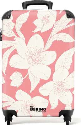 Produktbild von NoBoringSuitcases.com® Koffer Handgepäck Trolley Rollkoffer Kleine Reisekoffer mit 4 Rollen - Rosa mit weißen Blüten - Cabin Size < 55x40x23 cm & 55x40x20 cm - Fotokoffer - Kabinenkoffer - BoardgepäckHandgepäck Koffer 55x35x20 cm, 36L,