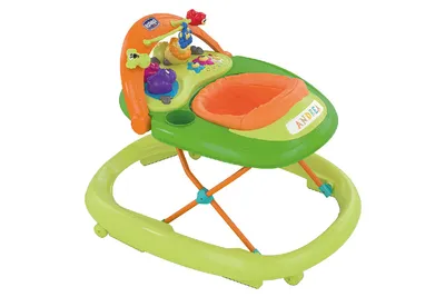 A baby walker with toys.