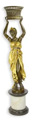 Produktbild von Casa Padrino Luxus Bronze Skulptur Orientalische Trägerin mit Schale auf Marmorsäule Bronze / Gold H. 188 cm - Bronzefigur mit Marmorsockel - Deko Figur