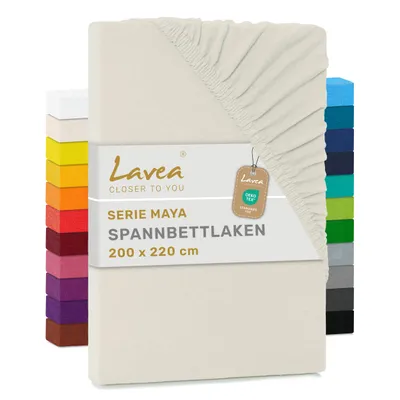 Produktbild von Lavea® Spannbettlaken 200x220cm, Maya, 100% Baumwolle, Boxspringbetten, Wasserbetten, atmungsaktives Bettlaken Matratzen bis 35cm - Creme Naturweiß